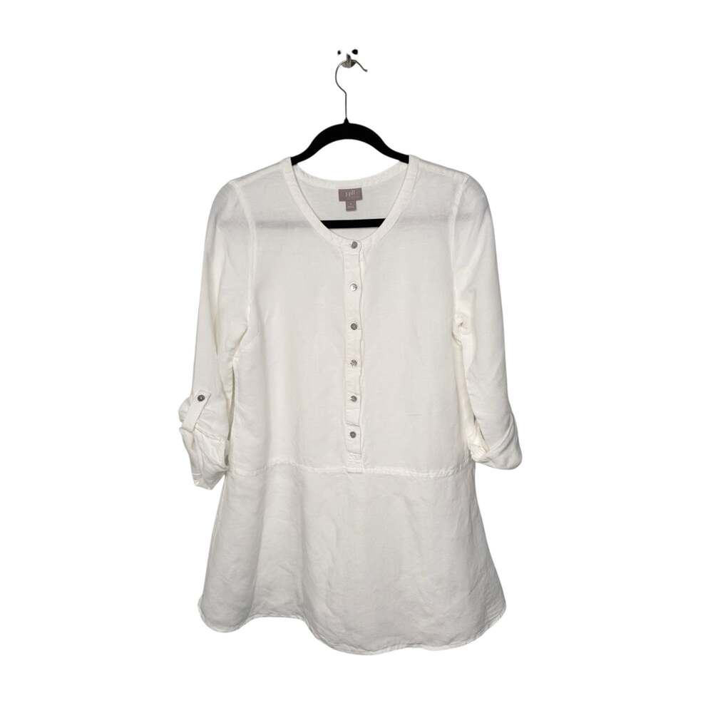 J.Jill White Linen Blend Roll-Tab Sleeve Button-Front Tunic Top SZ M